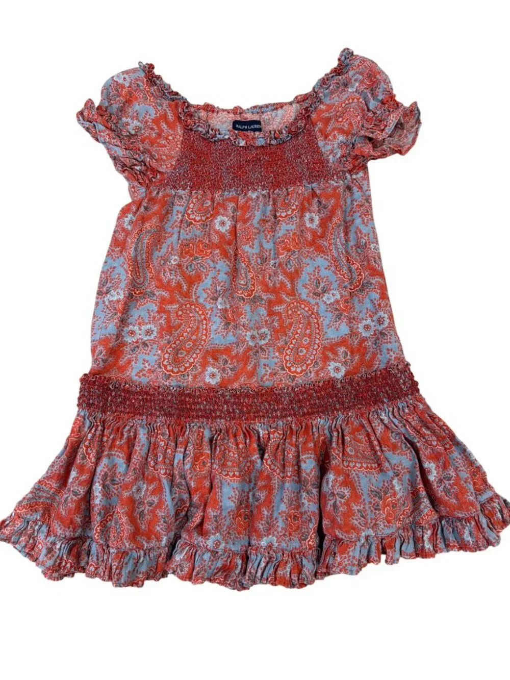 Ralph Lauren Girls Paisley Smocked Dress Red Blue Short Sleeve Ruffle Hem 6X